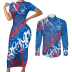 Personalized Newcastle Knights Rugby Couples Matching Short Sleeve Bodycon Dress and Long Sleeve Button Shirt Urban Street Graffiti Style - Distressed Splatter Elements