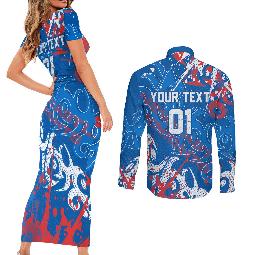 Personalized Newcastle Knights Rugby Couples Matching Short Sleeve Bodycon Dress and Long Sleeve Button Shirt Urban Street Graffiti Style - Distressed Splatter Elements