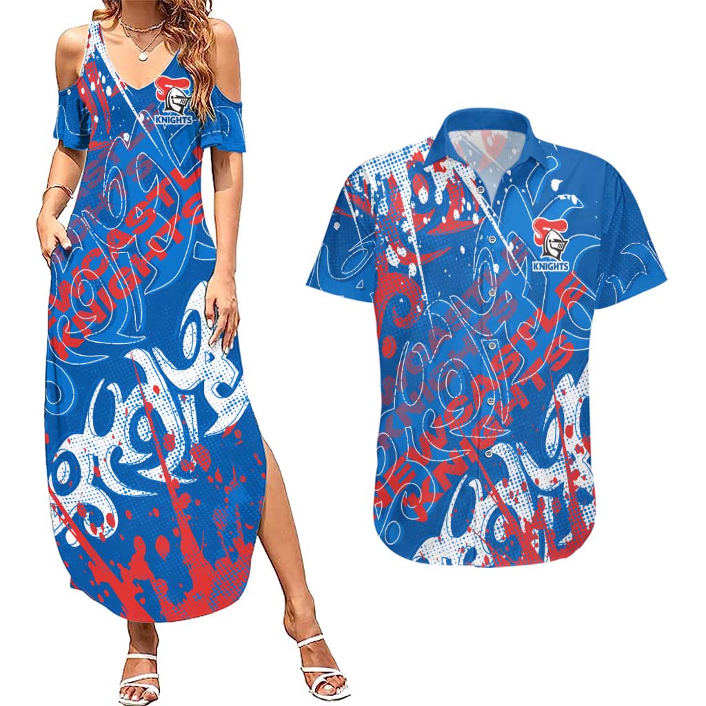 Personalized Newcastle Knights Rugby Couples Matching Summer Maxi Dress and Hawaiian Shirt Urban Street Graffiti Style - Distressed Splatter Elements