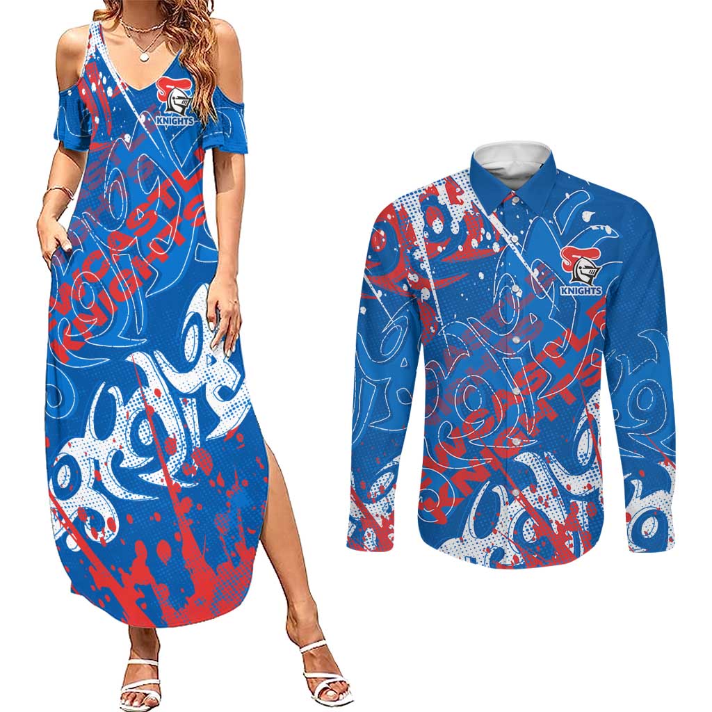 Personalized Newcastle Knights Rugby Couples Matching Summer Maxi Dress and Long Sleeve Button Shirt Urban Street Graffiti Style - Distressed Splatter Elements