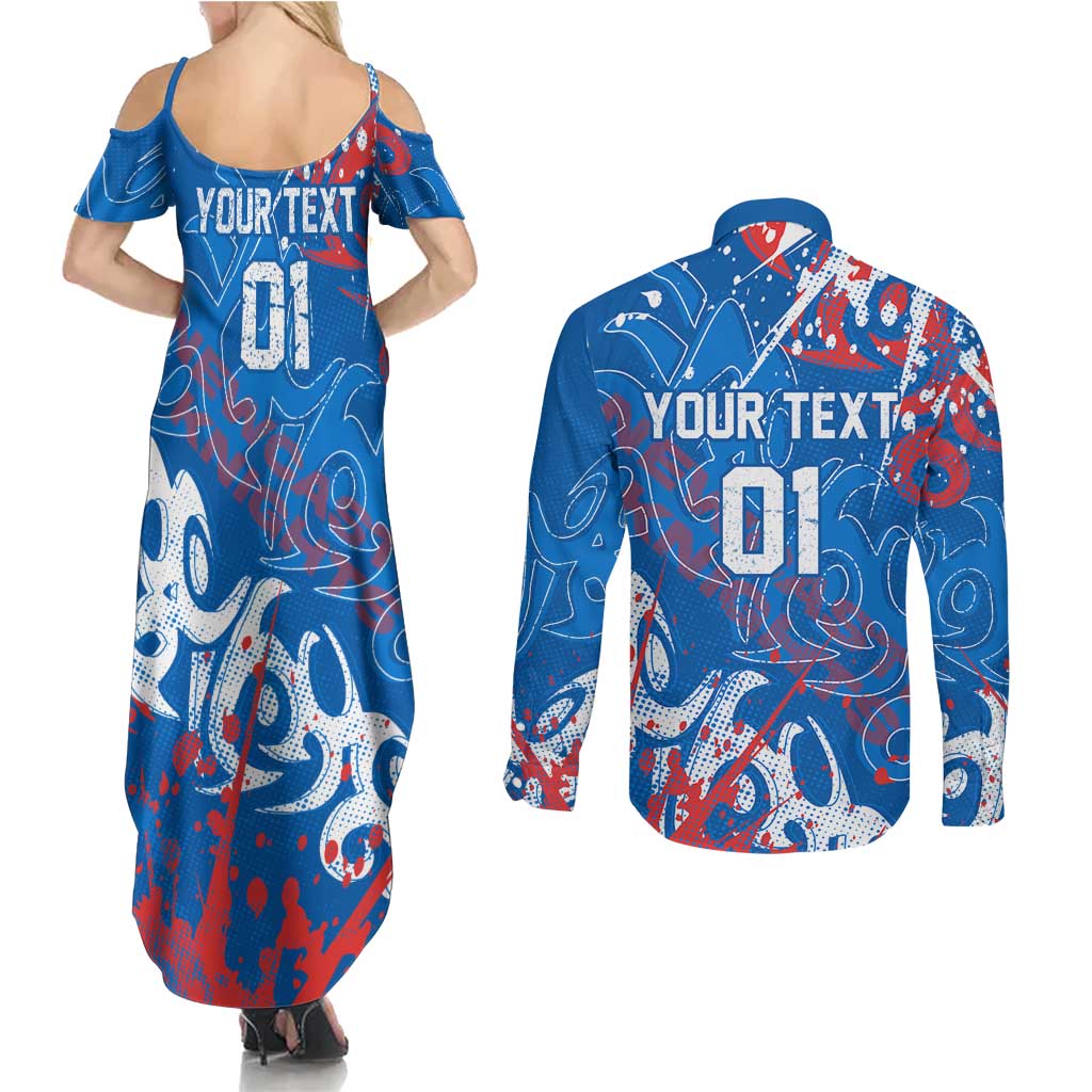 Personalized Newcastle Knights Rugby Couples Matching Summer Maxi Dress and Long Sleeve Button Shirt Urban Street Graffiti Style - Distressed Splatter Elements