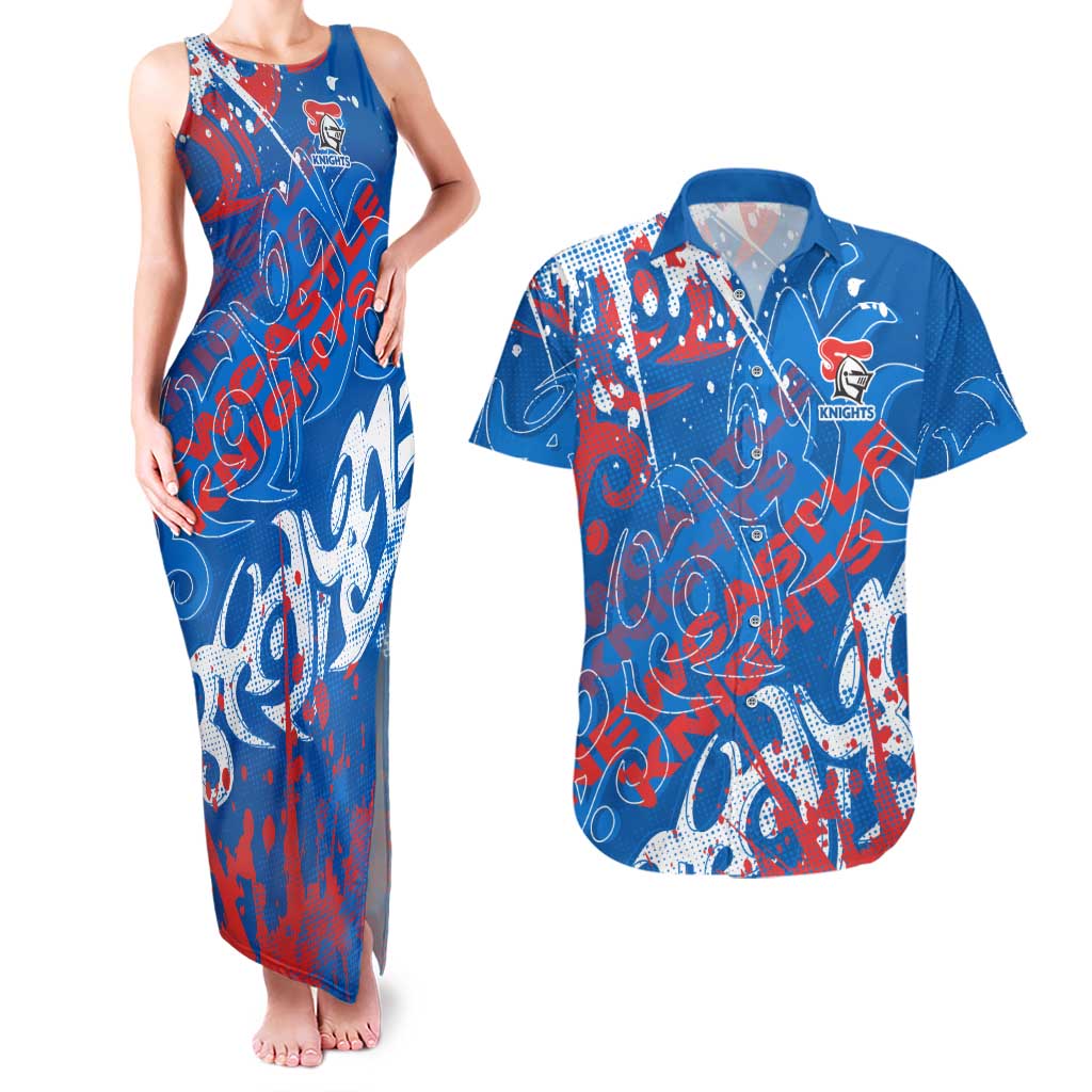 Personalized Newcastle Knights Rugby Couples Matching Tank Maxi Dress and Hawaiian Shirt Urban Street Graffiti Style - Distressed Splatter Elements