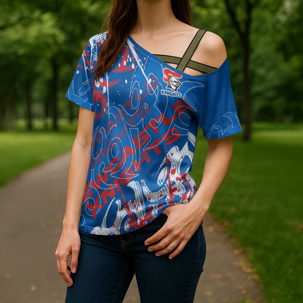 Personalized Newcastle Knights Rugby Cross Shoulder Shirt Urban Street Graffiti Style - Distressed Splatter Elements