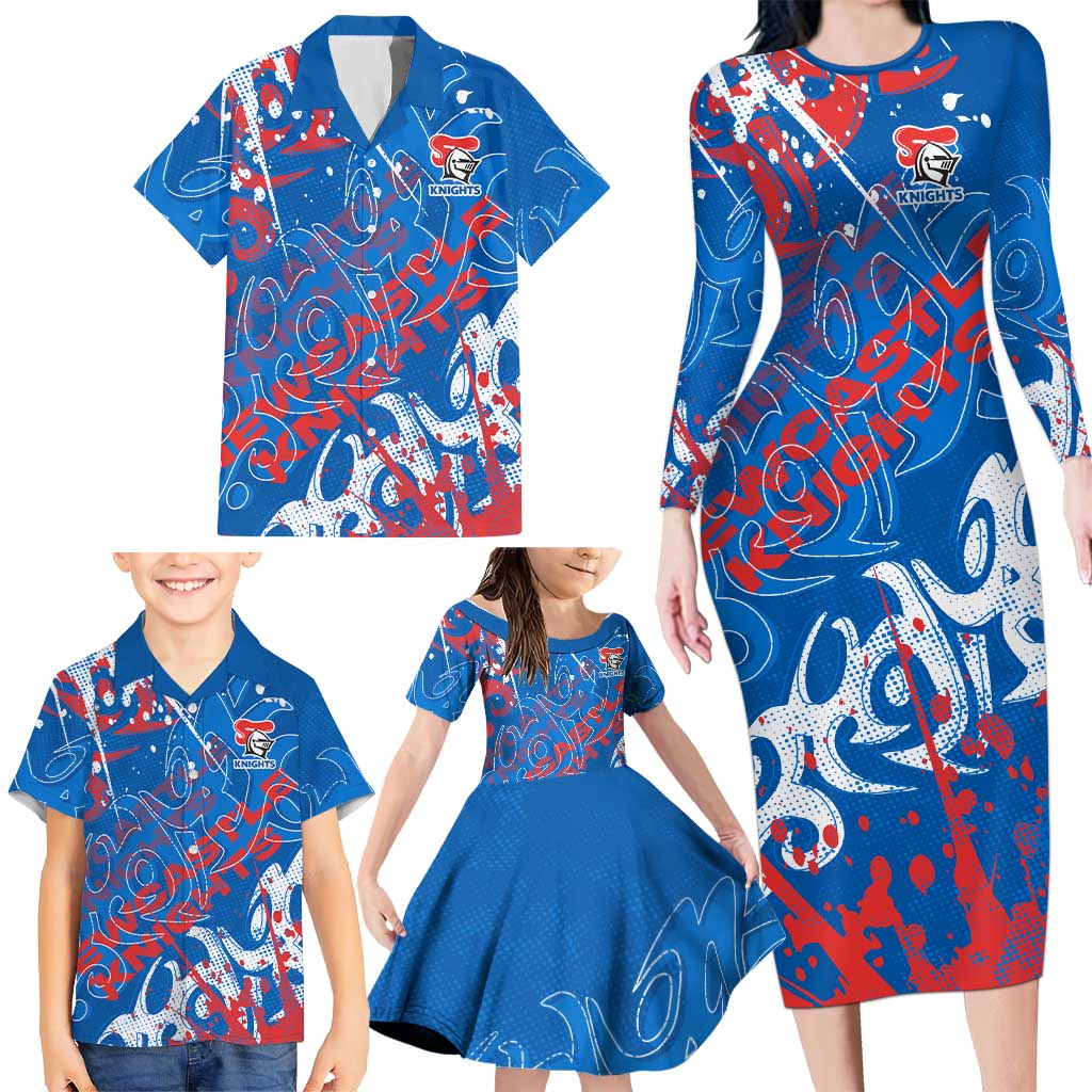 Personalized Newcastle Knights Rugby Family Matching Long Sleeve Bodycon Dress and Hawaiian Shirt Urban Street Graffiti Style - Distressed Splatter Elements