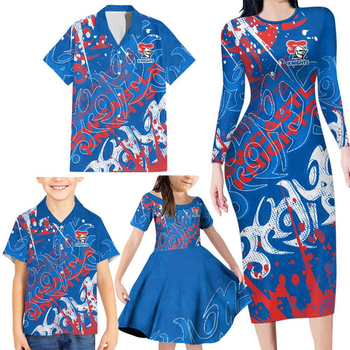 Personalized Newcastle Knights Rugby Family Matching Long Sleeve Bodycon Dress and Hawaiian Shirt Urban Street Graffiti Style - Distressed Splatter Elements