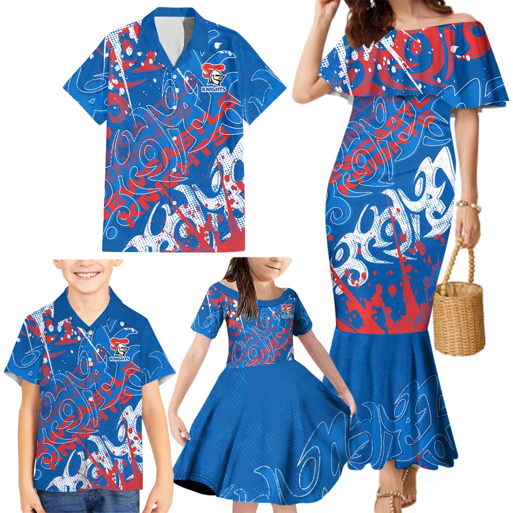 Personalized Newcastle Knights Rugby Family Matching Mermaid Dress and Hawaiian Shirt Urban Street Graffiti Style - Distressed Splatter Elements