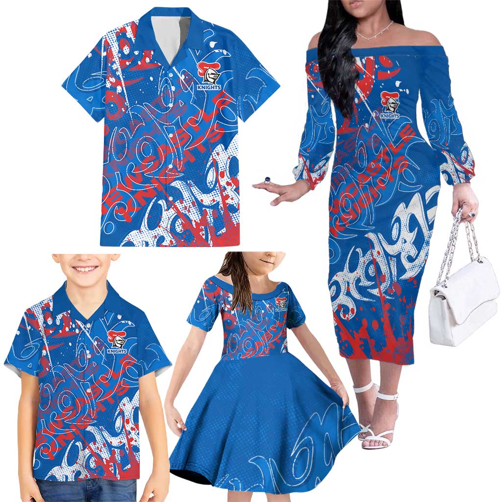 Personalized Newcastle Knights Rugby Family Matching Off The Shoulder Long Sleeve Dress and Hawaiian Shirt Urban Street Graffiti Style - Distressed Splatter Elements