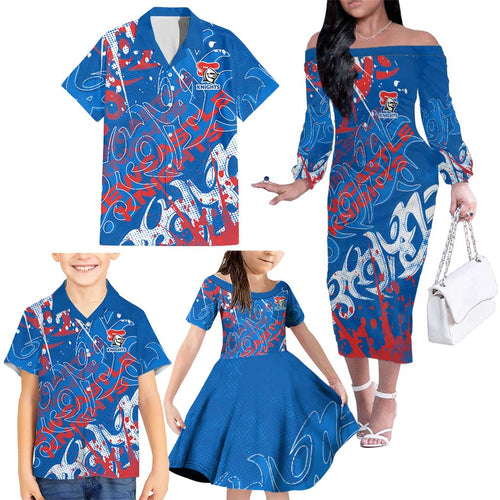 Personalized Newcastle Knights Rugby Family Matching Off The Shoulder Long Sleeve Dress and Hawaiian Shirt Urban Street Graffiti Style - Distressed Splatter Elements