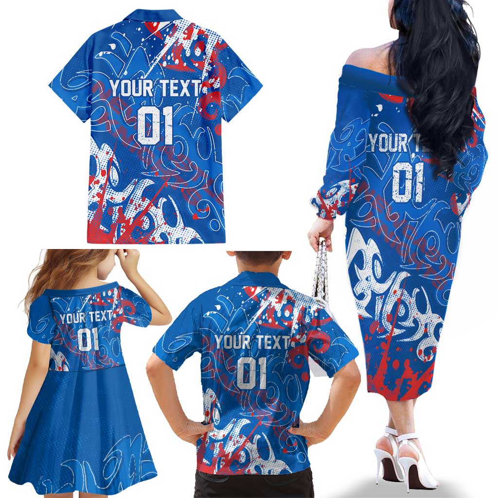 Personalized Newcastle Knights Rugby Family Matching Off The Shoulder Long Sleeve Dress and Hawaiian Shirt Urban Street Graffiti Style - Distressed Splatter Elements