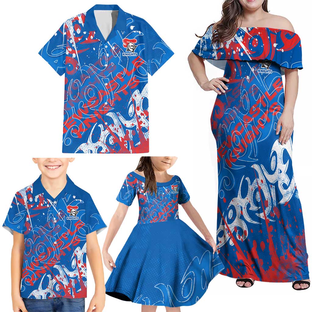 Personalized Newcastle Knights Rugby Family Matching Off Shoulder Maxi Dress and Hawaiian Shirt Urban Street Graffiti Style - Distressed Splatter Elements