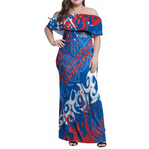 Personalized Newcastle Knights Rugby Family Matching Off Shoulder Maxi Dress and Hawaiian Shirt Urban Street Graffiti Style - Distressed Splatter Elements