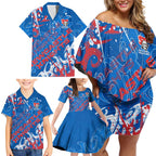 Personalized Newcastle Knights Rugby Family Matching Off Shoulder Short Dress and Hawaiian Shirt Urban Street Graffiti Style - Distressed Splatter Elements