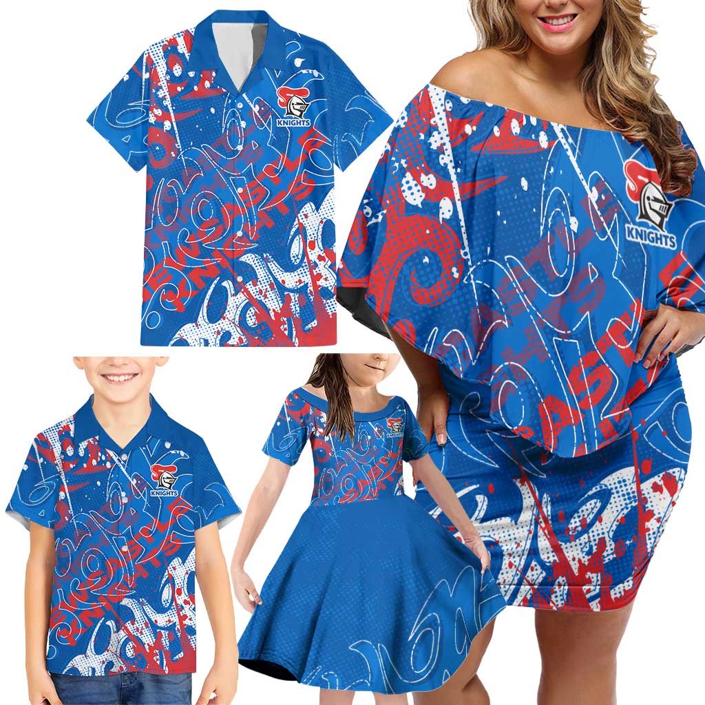 Personalized Newcastle Knights Rugby Family Matching Off Shoulder Short Dress and Hawaiian Shirt Urban Street Graffiti Style - Distressed Splatter Elements