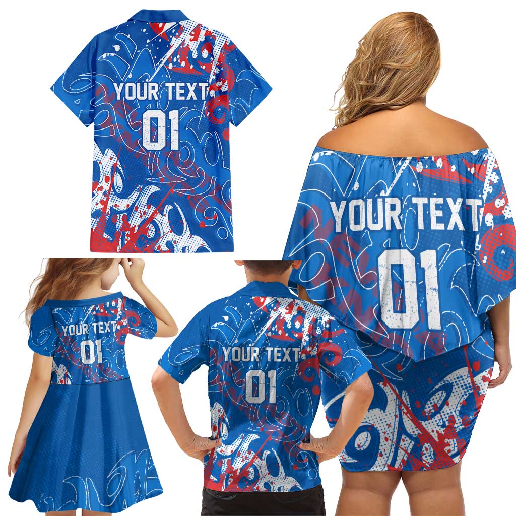 Personalized Newcastle Knights Rugby Family Matching Off Shoulder Short Dress and Hawaiian Shirt Urban Street Graffiti Style - Distressed Splatter Elements