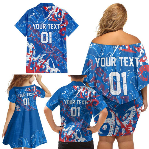 Personalized Newcastle Knights Rugby Family Matching Off Shoulder Short Dress and Hawaiian Shirt Urban Street Graffiti Style - Distressed Splatter Elements