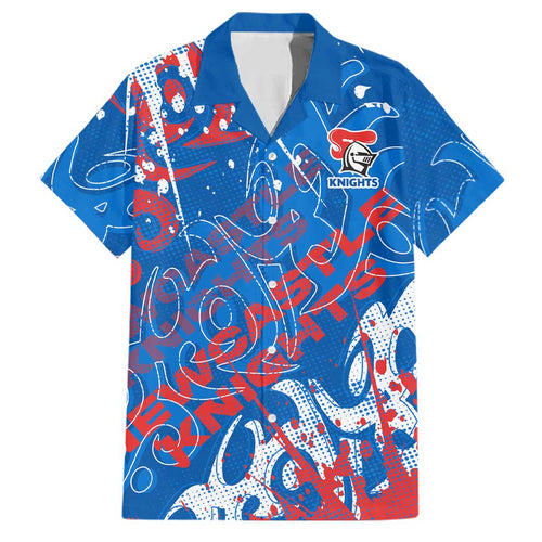 Personalized Newcastle Knights Rugby Family Matching Off Shoulder Short Dress and Hawaiian Shirt Urban Street Graffiti Style - Distressed Splatter Elements