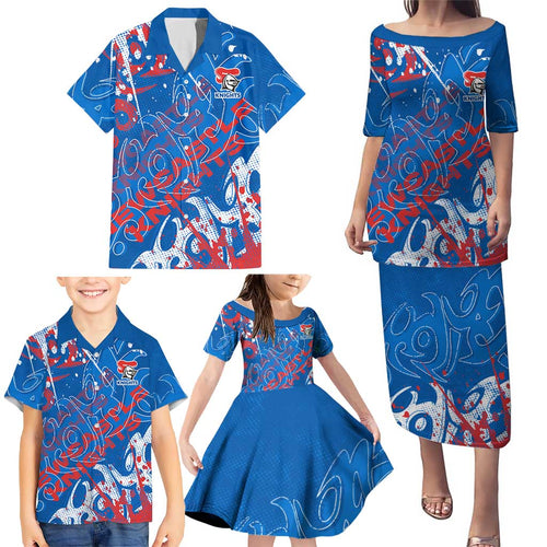 Personalized Newcastle Knights Rugby Family Matching Puletasi and Hawaiian Shirt Urban Street Graffiti Style - Distressed Splatter Elements