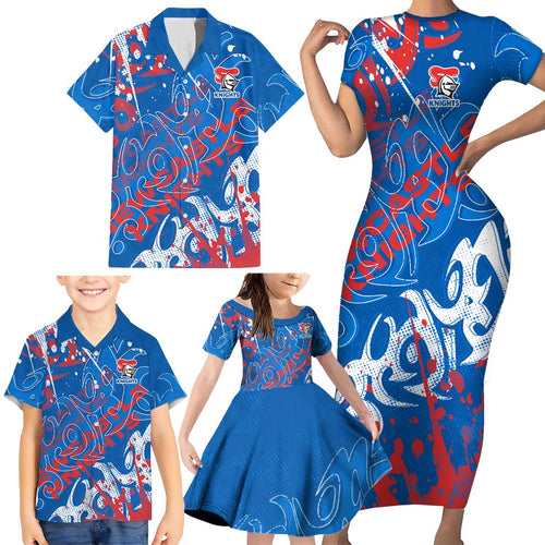 Personalized Newcastle Knights Rugby Family Matching Short Sleeve Bodycon Dress and Hawaiian Shirt Urban Street Graffiti Style - Distressed Splatter Elements
