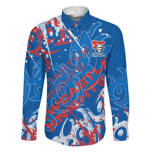 Personalized Newcastle Knights Rugby Family Matching Short Sleeve Bodycon Dress and Hawaiian Shirt Urban Street Graffiti Style - Distressed Splatter Elements