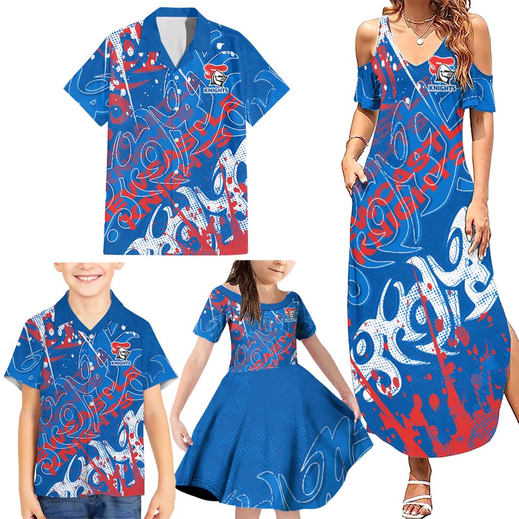 Personalized Newcastle Knights Rugby Family Matching Summer Maxi Dress and Hawaiian Shirt Urban Street Graffiti Style - Distressed Splatter Elements