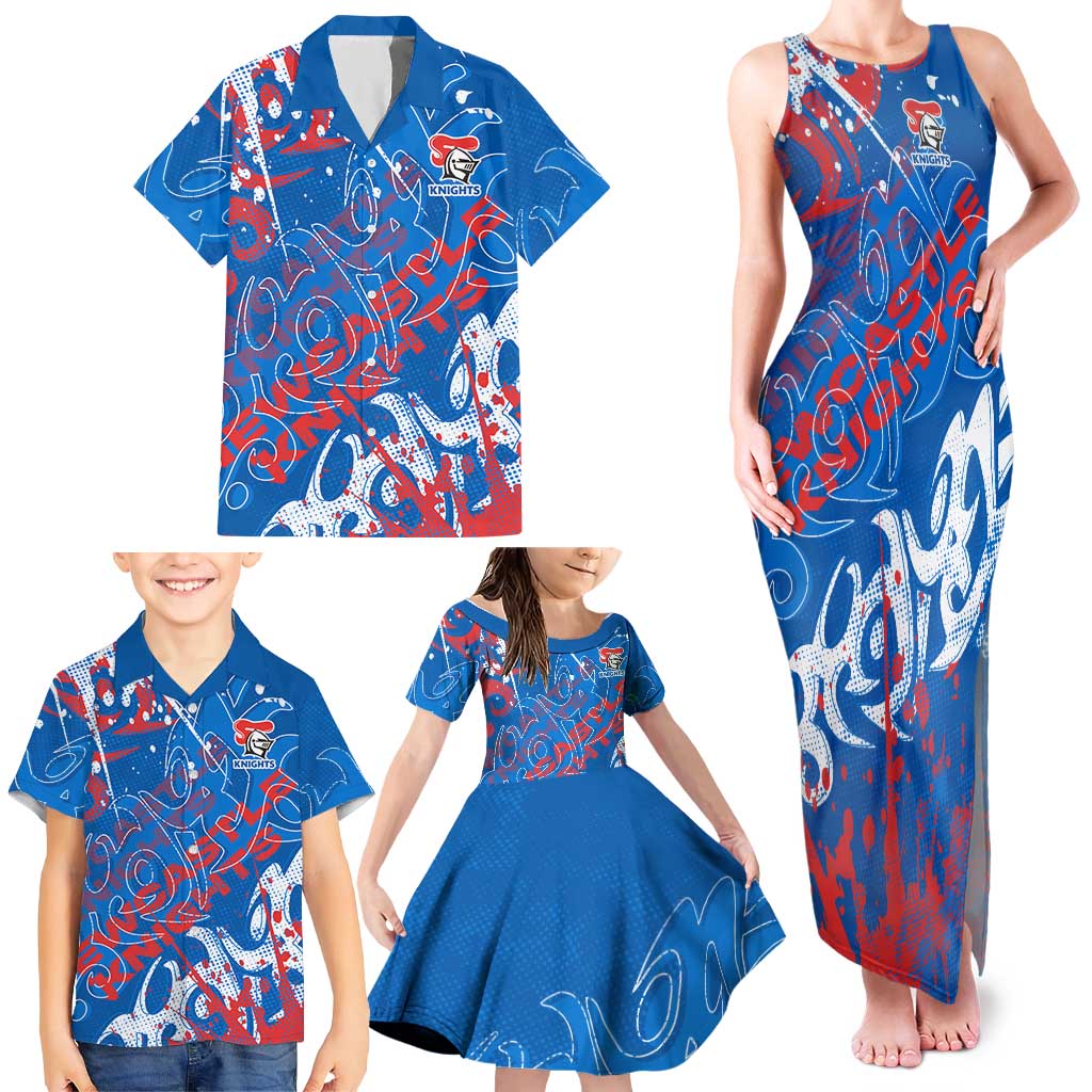 Personalized Newcastle Knights Rugby Family Matching Tank Maxi Dress and Hawaiian Shirt Urban Street Graffiti Style - Distressed Splatter Elements