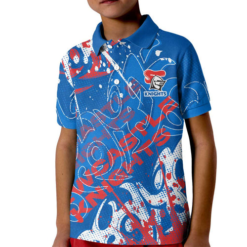 Personalized Newcastle Knights Rugby Kid Polo Shirt Urban Street Graffiti Style - Distressed Splatter Elements