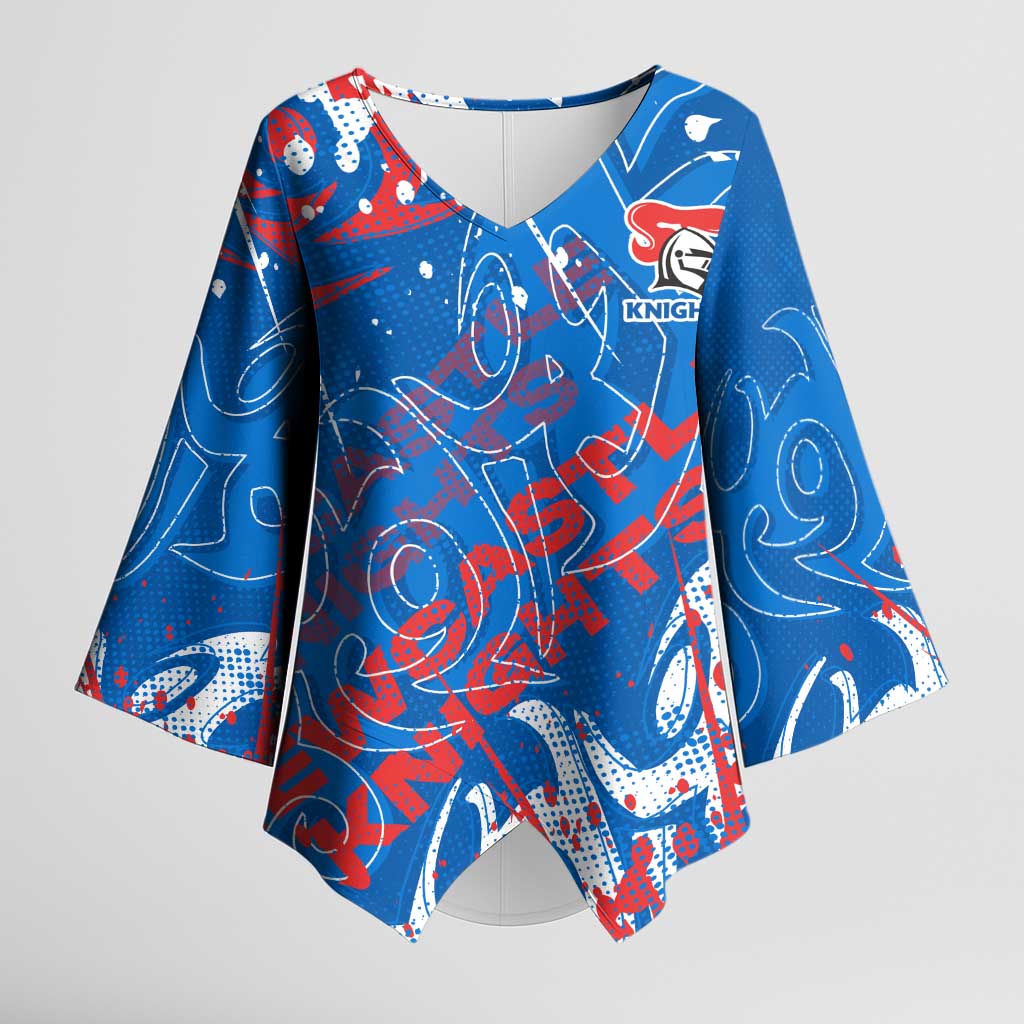 Personalized Newcastle Knights Rugby Kimono Sleeve Blouse Urban Street Graffiti Style - Distressed Splatter Elements
