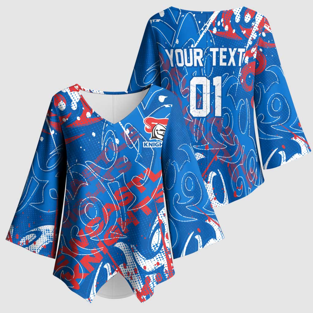 Personalized Newcastle Knights Rugby Kimono Sleeve Blouse Urban Street Graffiti Style - Distressed Splatter Elements