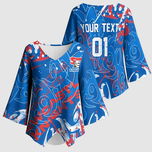 Personalized Newcastle Knights Rugby Kimono Sleeve Blouse Urban Street Graffiti Style - Distressed Splatter Elements