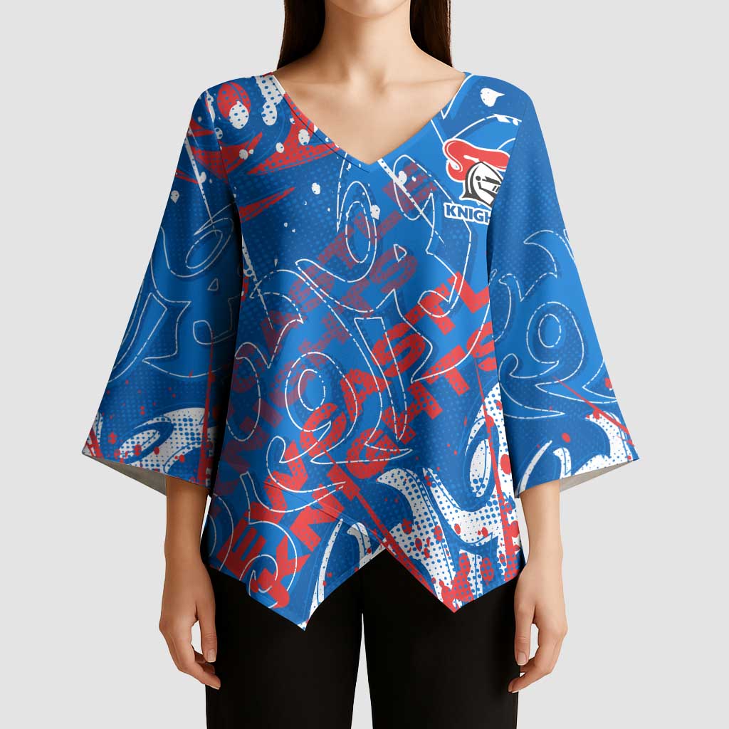 Personalized Newcastle Knights Rugby Kimono Sleeve Blouse Urban Street Graffiti Style - Distressed Splatter Elements