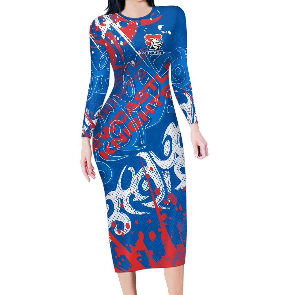 Personalized Newcastle Knights Rugby Long Sleeve Bodycon Dress Urban Street Graffiti Style - Distressed Splatter Elements