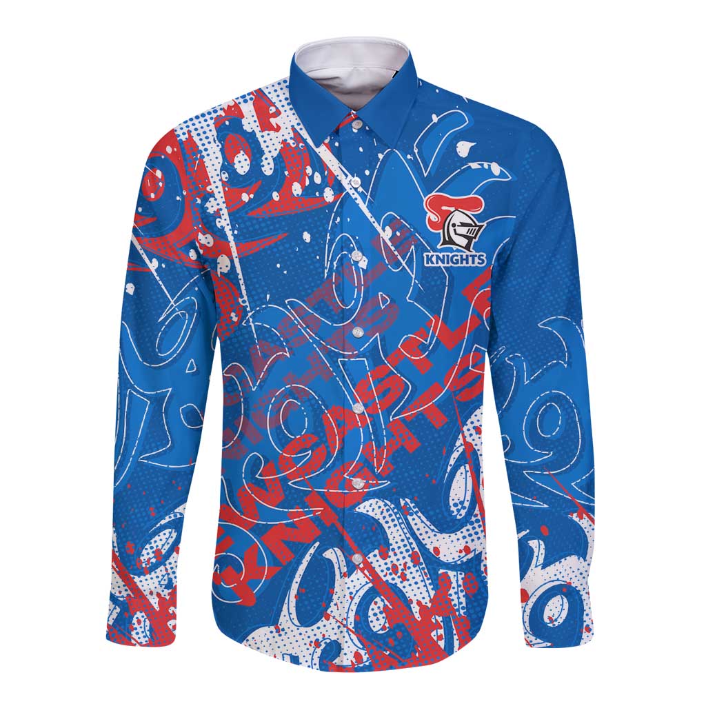 Personalized Newcastle Knights Rugby Long Sleeve Button Shirt Urban Street Graffiti Style - Distressed Splatter Elements