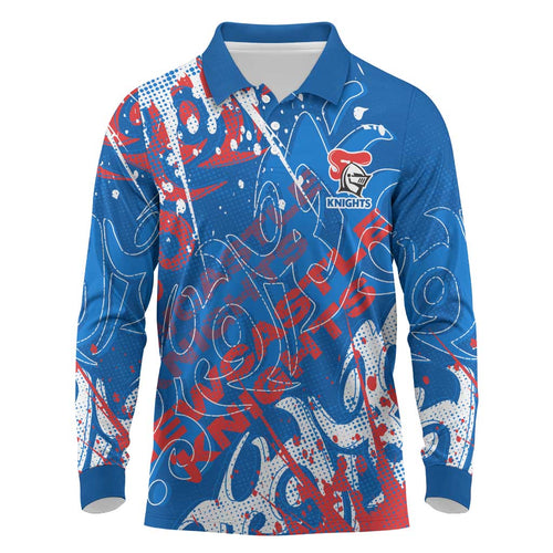 Personalized Newcastle Knights Rugby Long Sleeve Polo Shirt Urban Street Graffiti Style - Distressed Splatter Elements