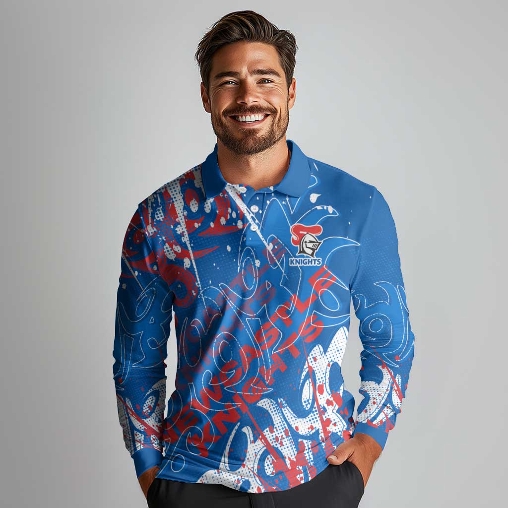 Personalized Newcastle Knights Rugby Long Sleeve Polo Shirt Urban Street Graffiti Style - Distressed Splatter Elements