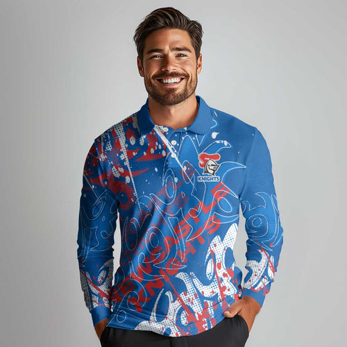 Personalized Newcastle Knights Rugby Long Sleeve Polo Shirt Urban Street Graffiti Style - Distressed Splatter Elements