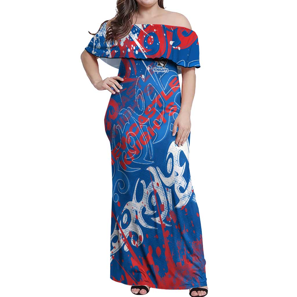 Personalized Newcastle Knights Rugby Off Shoulder Maxi Dress Urban Street Graffiti Style - Distressed Splatter Elements