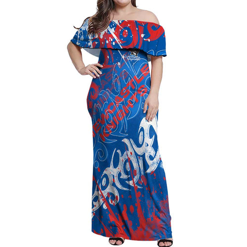 Personalized Newcastle Knights Rugby Off Shoulder Maxi Dress Urban Street Graffiti Style - Distressed Splatter Elements