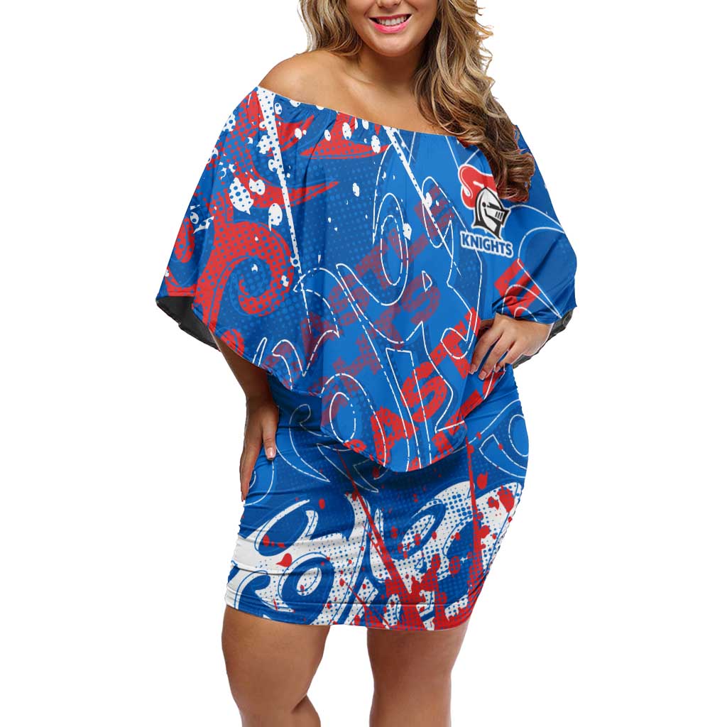 Personalized Newcastle Knights Rugby Off Shoulder Short Dress Urban Street Graffiti Style - Distressed Splatter Elements