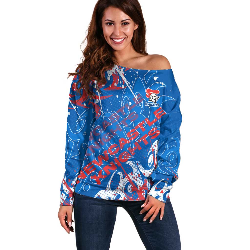 Personalized Newcastle Knights Rugby Off Shoulder Sweater Urban Street Graffiti Style - Distressed Splatter Elements