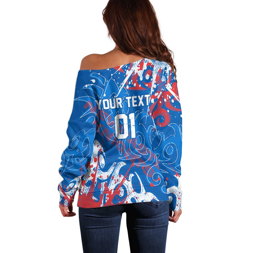 Personalized Newcastle Knights Rugby Off Shoulder Sweater Urban Street Graffiti Style - Distressed Splatter Elements
