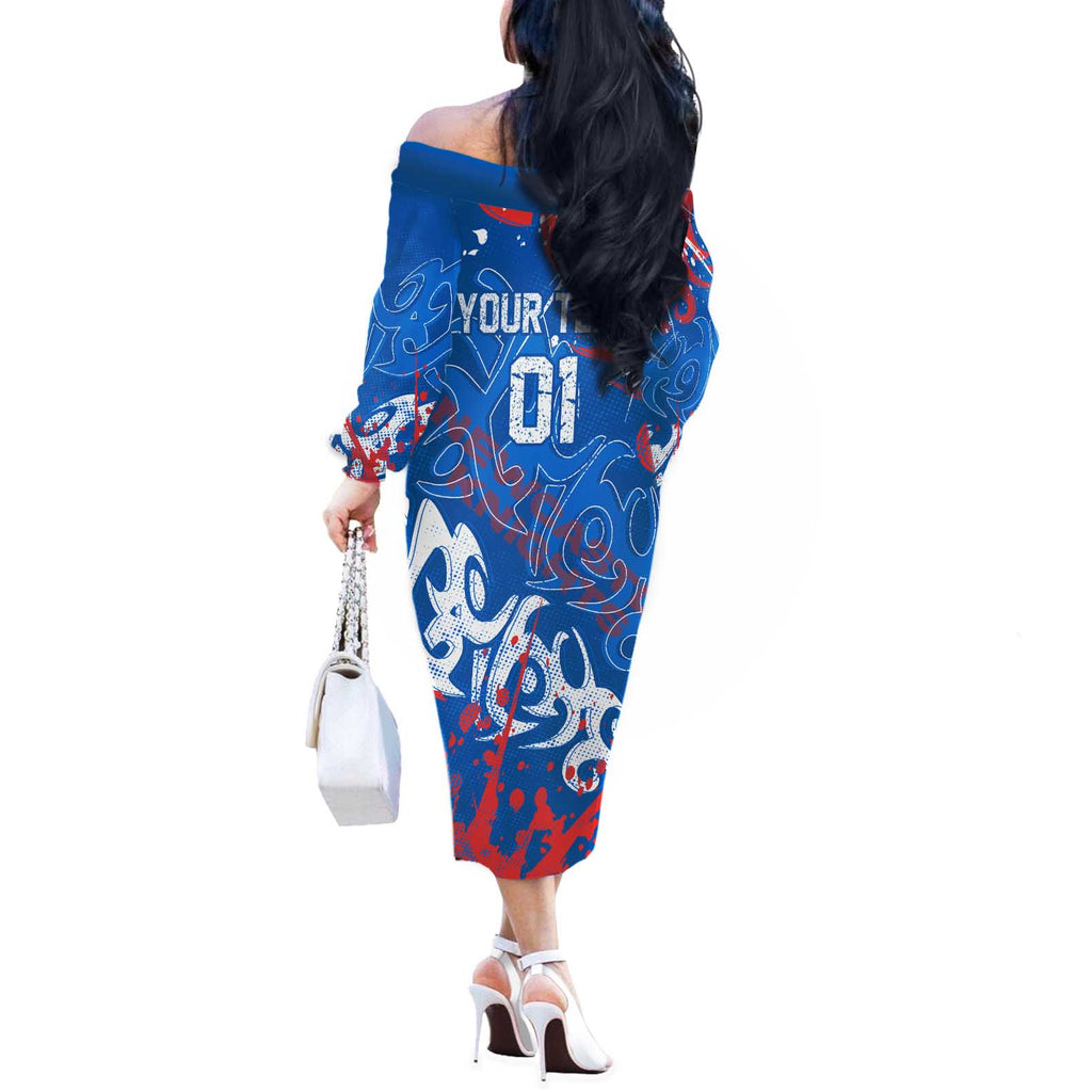 Personalized Newcastle Knights Rugby Off The Shoulder Long Sleeve Dress Urban Street Graffiti Style - Distressed Splatter Elements