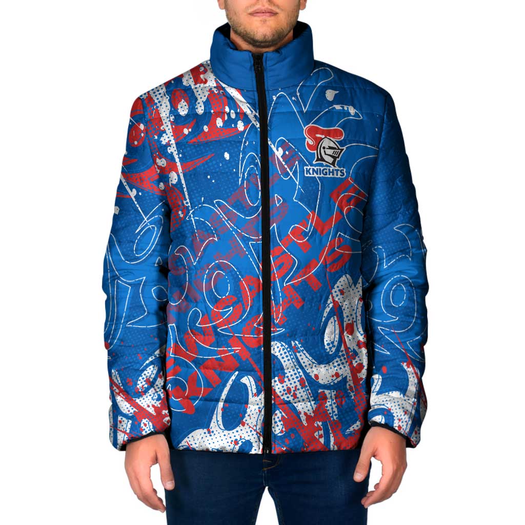 Personalized Newcastle Knights Rugby Padded Jacket Urban Street Graffiti Style - Distressed Splatter Elements