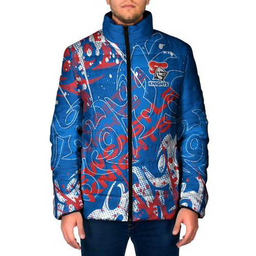 Personalized Newcastle Knights Rugby Padded Jacket Urban Street Graffiti Style - Distressed Splatter Elements
