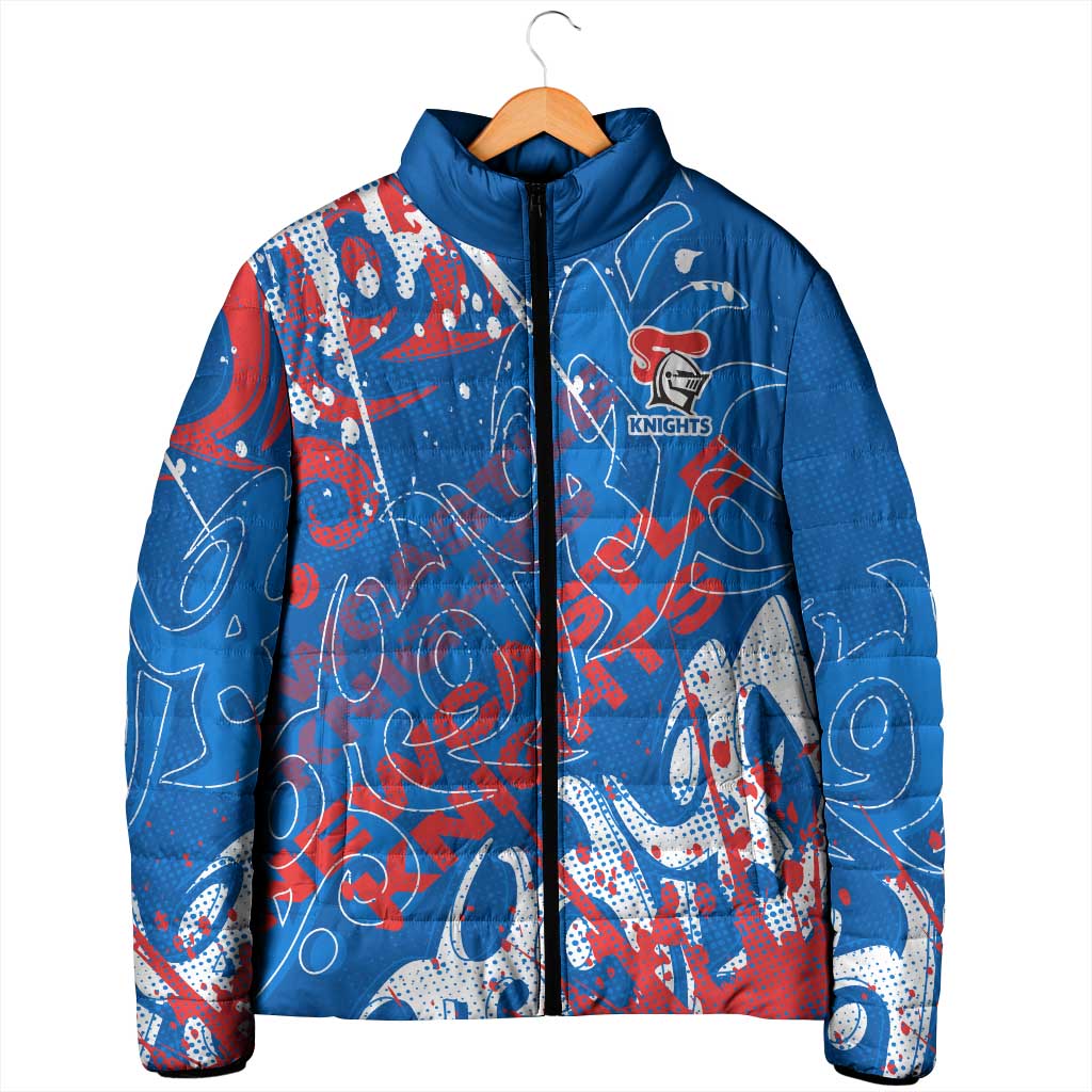 Personalized Newcastle Knights Rugby Padded Jacket Urban Street Graffiti Style - Distressed Splatter Elements