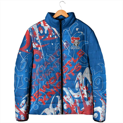 Personalized Newcastle Knights Rugby Padded Jacket Urban Street Graffiti Style - Distressed Splatter Elements