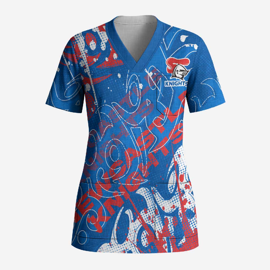 Personalized Newcastle Knights Rugby Scrub Top Urban Street Graffiti Style - Distressed Splatter Elements