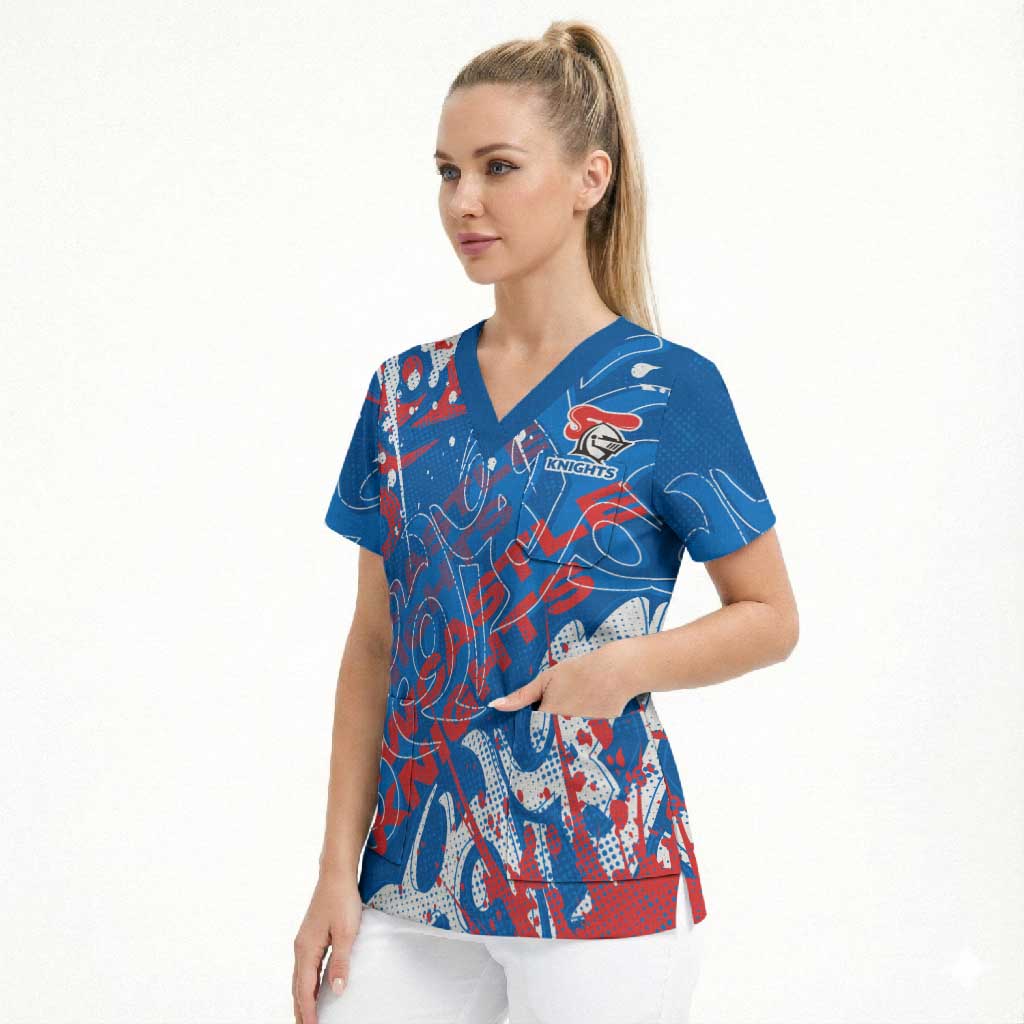 Personalized Newcastle Knights Rugby Scrub Top Urban Street Graffiti Style - Distressed Splatter Elements