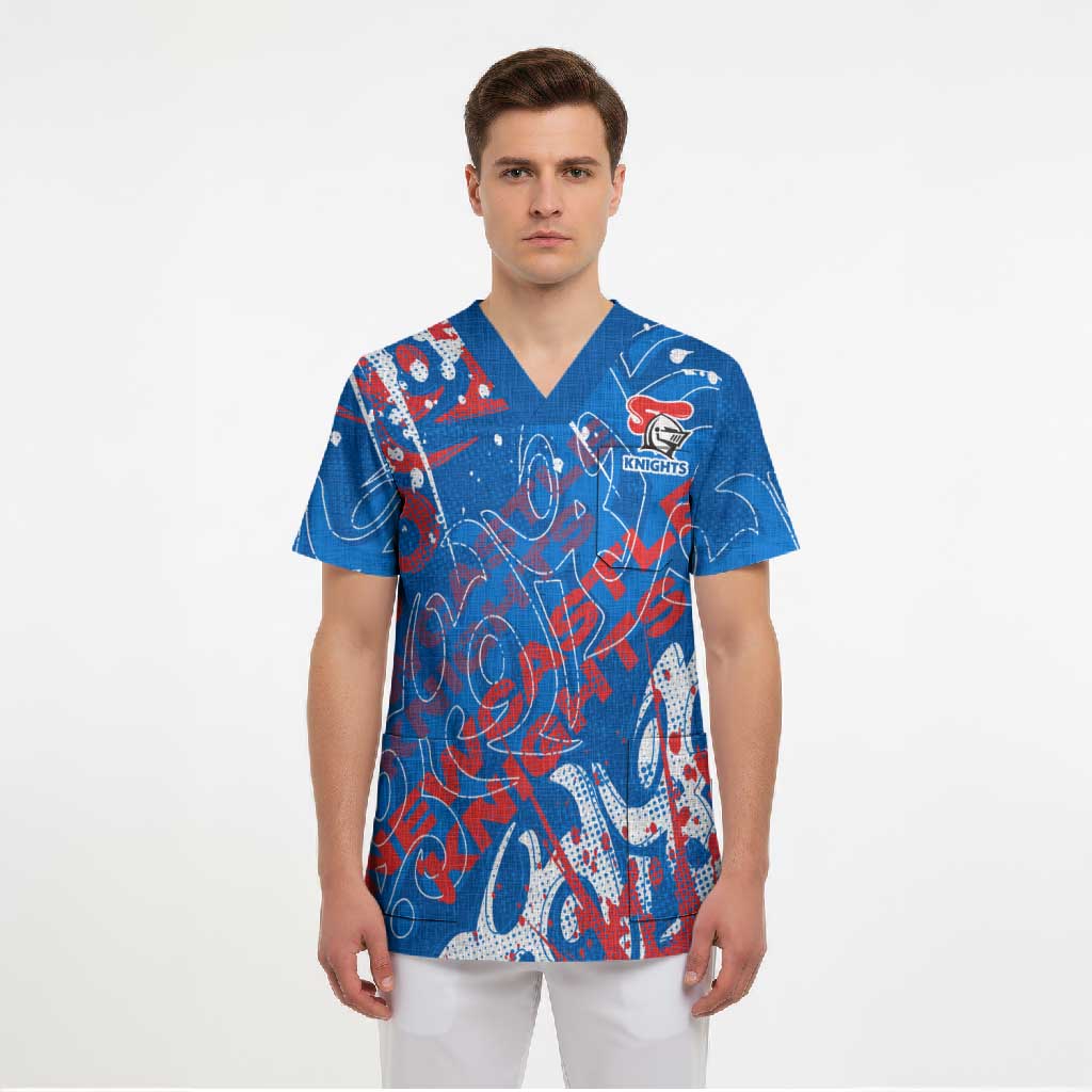 Personalized Newcastle Knights Rugby Scrub Top Urban Street Graffiti Style - Distressed Splatter Elements
