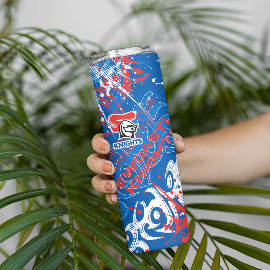 Personalized Newcastle Knights Rugby Skinny Tumbler Urban Street Graffiti Style - Distressed Splatter Elements