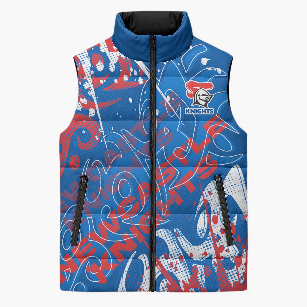 Personalized Newcastle Knights Rugby Sleeveless Puffer Jacket Urban Street Graffiti Style - Distressed Splatter Elements